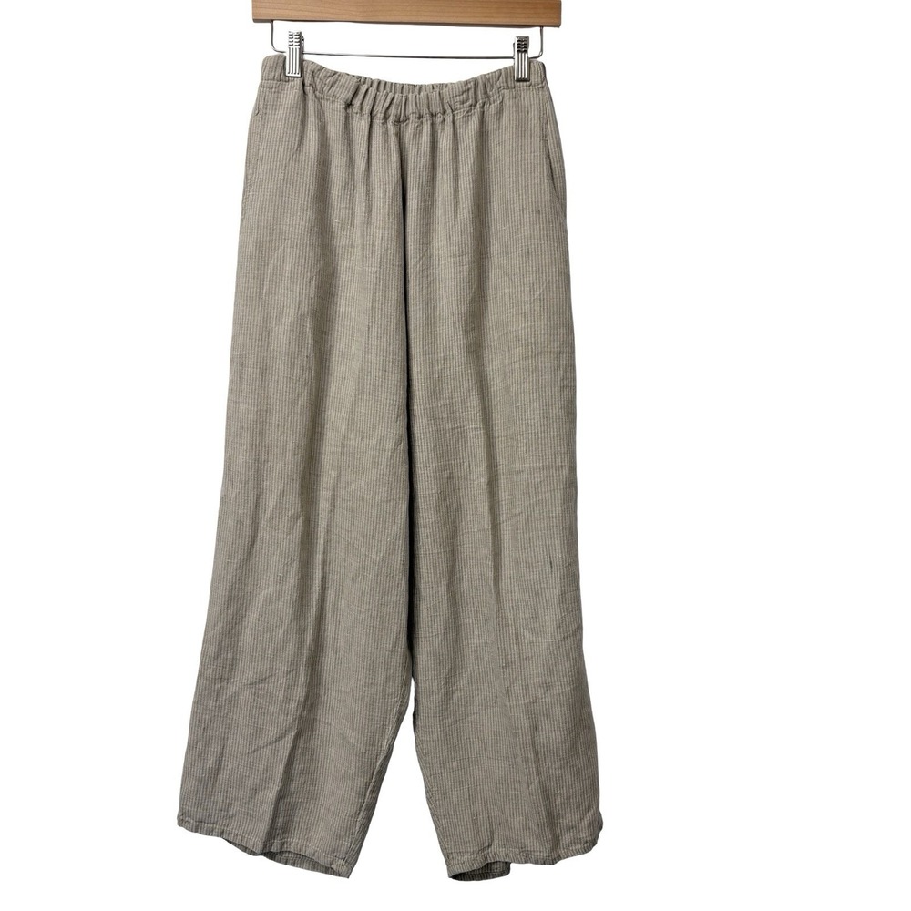 Flax Beige White Pinstripes 100% Linen Cropped Wide Leg Pull On pants Size M